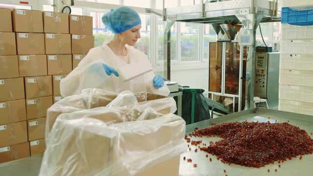 Factory worker packing candies. Candy factory.