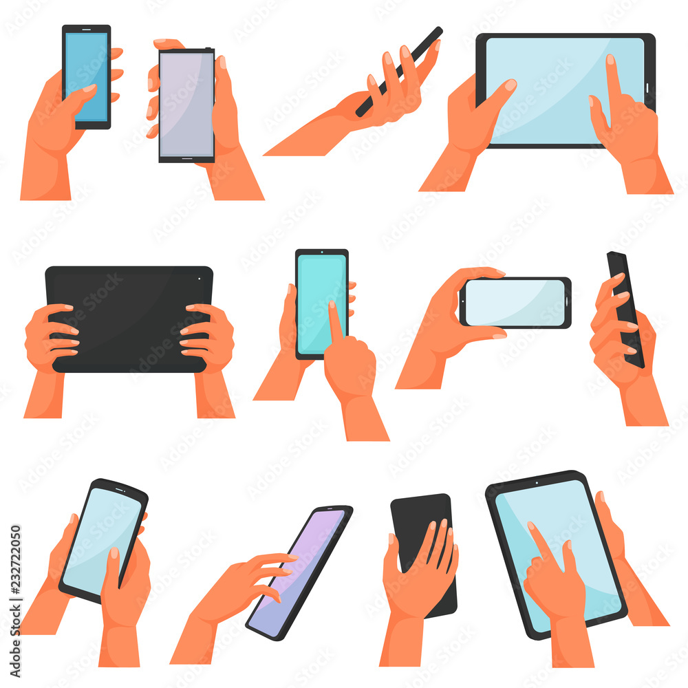 Poster hands with gadgets vector hand holding mobile phone or tablet illustration set of character working 