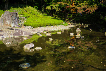 A shallow pond with clear water and full of stones in Japanese garden (Koishikawa Korakuen, Tokyo, Japan)