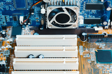 PC electronic board with electrical components. Microchips, chips and electronics of computer...