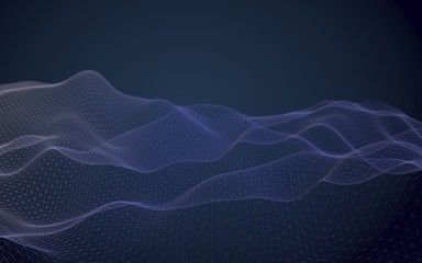 Abstract landscape on a dark background. Cyberspace navy blue grid. Hi-tech network. 3D illustration