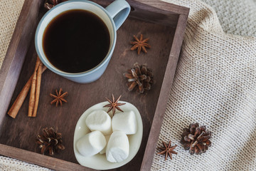 Cup coffee on rustic wooden tray sweet marshmallow pine cones cinnamon sticks. Cozy autumn or winter weekend or holidays at home. Fall home decoration with hot drink mug. Hygge morning style concept
