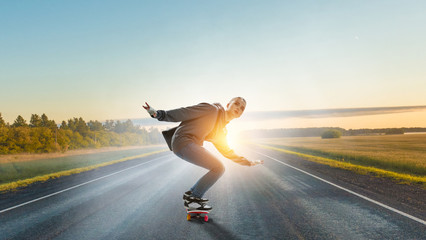 Fototapeta na wymiar Teenager girl ride her skateboard. Mixed media