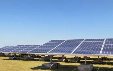 Close up rows array of polycrystalline silicon solar cells or photovoltaics in solar power plant...
