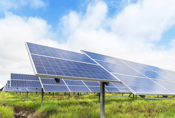 rows array of polycrystalline silicon solar cells or photovoltaics in solar power plant