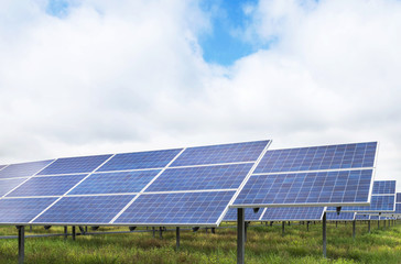 Close up rows array of polycrystalline silicon solar cells or photovoltaics in solar power plant...