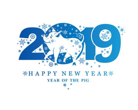 Blue flat pattern 2019 and coming cute pig and snowflakes. Vector template New Year's design on the Chinese calendar. 