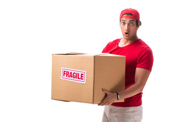 Handsome contractor holding fragile box isolated on white 