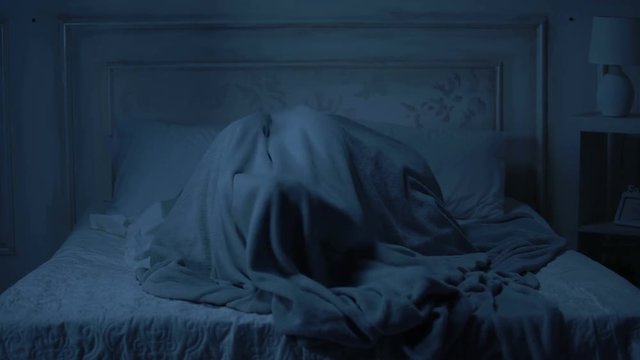 Happy sexy husband and wife having fun in bed under blanket, pleasant moments