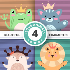 Cartoon cute hello animals - frog, cat, deer, lion.