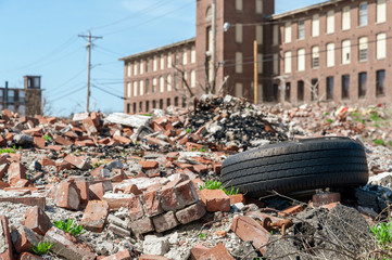 Debris field left from factory fire in Fall River, Massachusetts