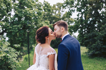 The groom kisses the bride in the park among the trees