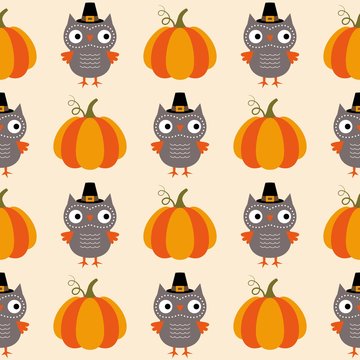 Thanksgiving seamless pattern with cartoon owls and pumpkins