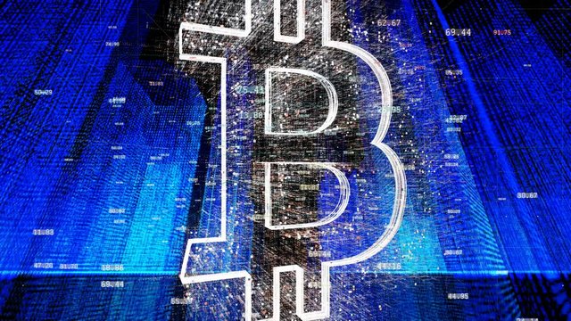 4k BTC symbol.Cripto currency bitcoin.encryption currency,Matrix style binary computer code,Global internet worldwide.big Data Digital city,flying through the binary code urban with numbers and grids