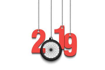 2019 New Year and bicycle wheel hanging on strings