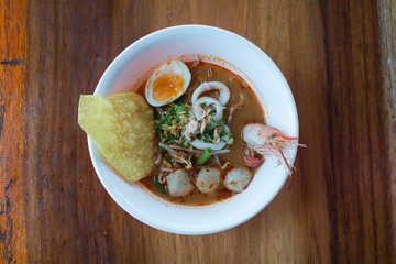 Seafood noodle with spicy soup