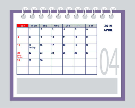 April page 2019 planner calendar with marked tax day