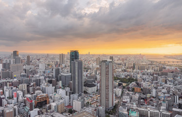 Panoramic Japan, Osaka city skyline in sunset