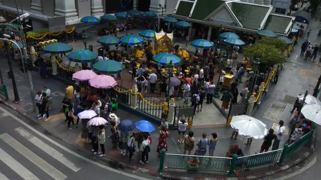 The Erawan Shrine at Ratchaprasong Intersection in Bangkok, Thailand.