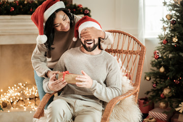 Caring girlfriend. Joyful positive young woman smiling and closing her boyfriends eyes while...