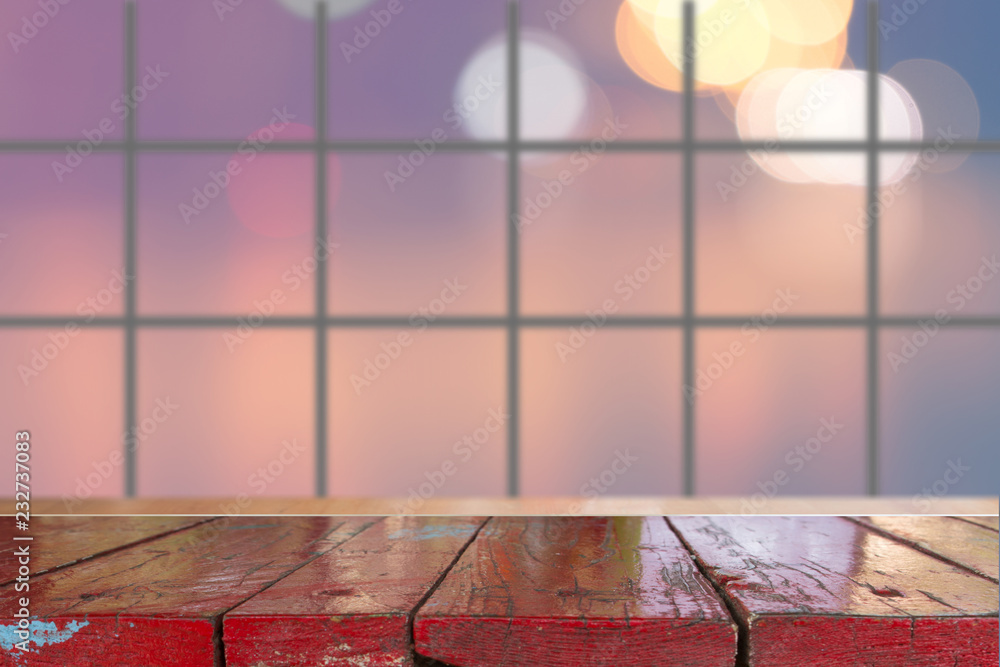 Canvas Prints wooden desk with blurred light bokeh abstract background