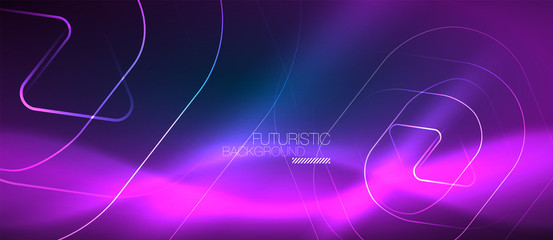Neon glowing techno lines, hi-tech futuristic abstract background template with geometric shapes