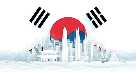 South Korea flag and famous landmarks in paper cut style vector illustration.