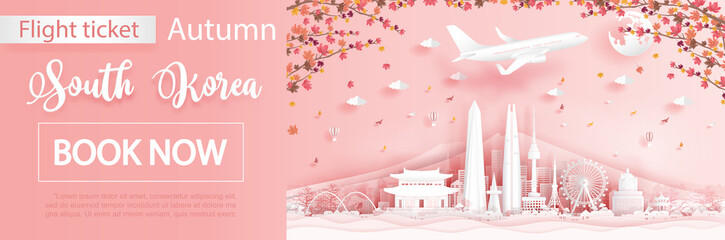 Flight and ticket advertising template with travel to Seoul, South Korea  in autumn season with falling maple leaves and  famous landmarks in paper cut style vector illustration © ChonnieArtwork 
