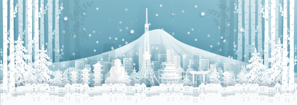 Panorama postcard and travel poster of world famous landmarks of Japan in winter season in paper cut style vector illustration