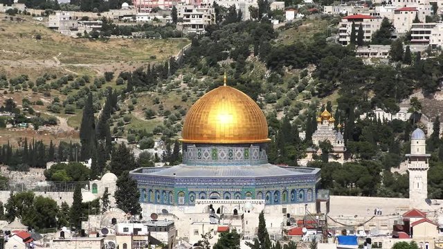 Skyline of Jerusalem, the Old City, churches and mosques, with the Dome of the Rock