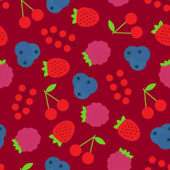 Vector seamless pattern of assorted berries such as strawberry, cherry, bilberry, raspberry and currant.