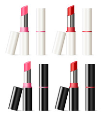 Lipstick mockup set with black and white shell. Beautiful cosmetic products with pink and red color sticks. Realistic 3d illustration design.