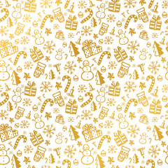 Christmas background with golden festive elements on white background. Image for design paper, wrappers, cards, backgrounds, textiles.