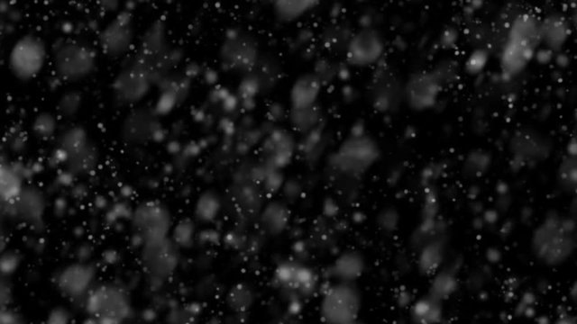 Falling realistic snowflakes from left to right. Falling snow. Dynamic bokeh. Isolated on a black background. Loopback footage. Cyclical