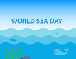 World Sea Day concept with whale and turtle under blue ocean