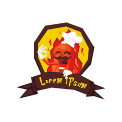 chili chef character mascot with fire background and brown ribbon