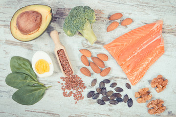 Vintage photo, Natural sources of omega 3 acids, unsaturated fats and dietary fiber, healthy...
