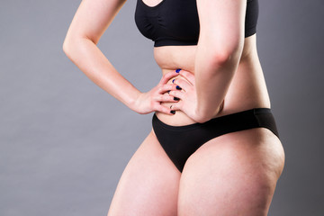 Fototapeta na wymiar Woman with abdominal pain, stomachache on gray background