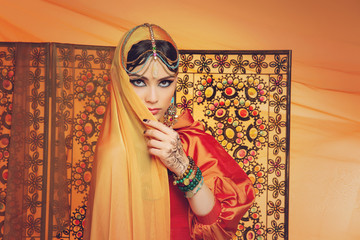 beautiful arabic style bride in ethnic clothes