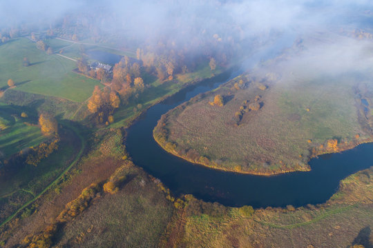 Bend of the Sorot river  and Trigorskoe in the October afternoon. Pushkinskie Gory, Russia