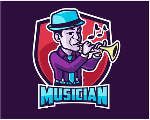 Jazz Trumpet Player Cartoon Mascot Logo Badge
