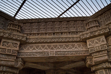 Inner view of Adalaj Ni Vav (Stepwell) or Rudabai Stepwell. Built in 1498 by Rana Veer Singh is five stories deep. Ahmedabad, Gujarat, India