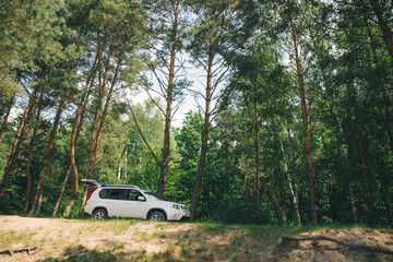 Fototapeta na wymiar white suv in forest. car travel concept. lifestyle