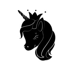 Black silhouette of unicorn on white background. Vector illustration. Black shape of unicorn's head. Graphic badge, banner, icon, print or logo.