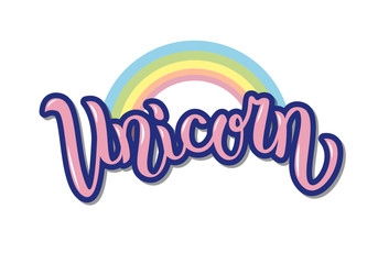 Unicorn word with rainbow for clothes. Vector. Hand lettering typography.  Great for logo, badge, icon, card, poster, invitation, banner template. © Дарья Михайлова