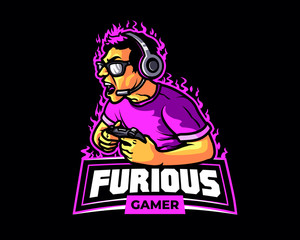 Furious Young Male Gamer Cartoon Mascot Logo Badge © toonandlogo