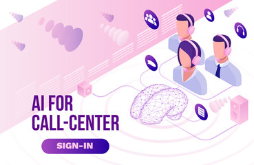Artificial intelligence manages call center, isometric 3d vector illustration, customer service and mobile support landing page, operator with headphone, contact centre concept - 232750275