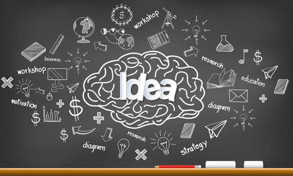 brain head icon with multiple  idea in business. creativity. drawing on blackboard background. open mind. Vector illustration