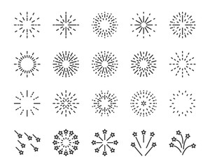 firework line icon set, happy new year firework