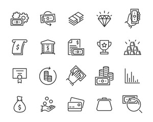 set of money line icons, such as currency, finance, digital, percent